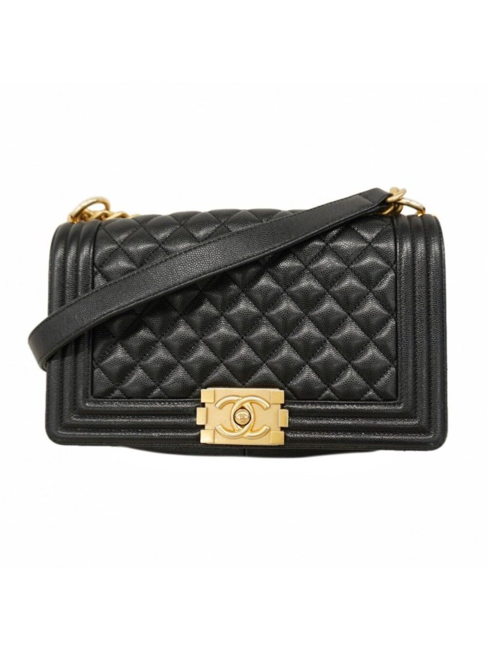 Chanel Shoulder Bag Boy Caviar Leather Black Gold